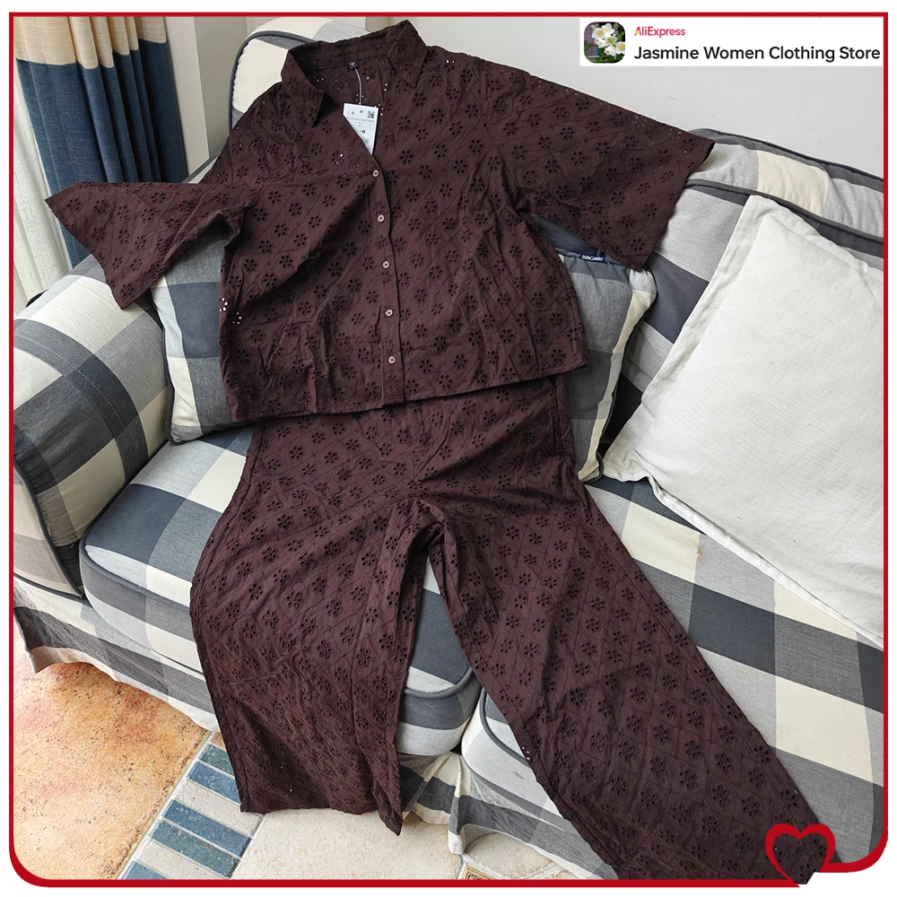 

Classic Openwork Embroidered Pant Sets for Women Stylish Short Sleeve Eyelet Embroidered Shirt Matching Wide and Short Leg Pants