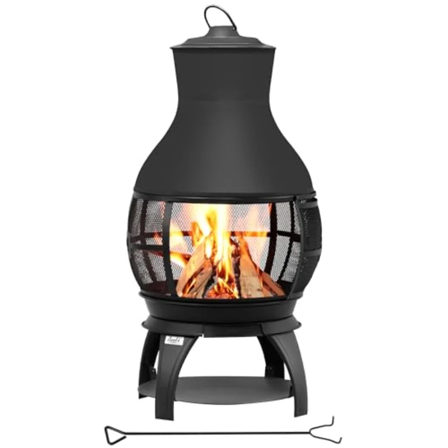 Outdoor wood-burning fire pit chiminea for backyard use, made of durable cast iron, classic black finish, features smokeless de