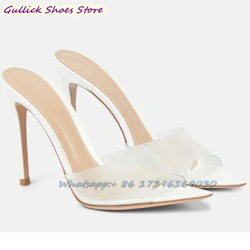 Concise Slippers For Women Pointed Toe Slip On Mules Office Lady Stiletto High Heel Spring Summer Sandals Nude White Plus Size