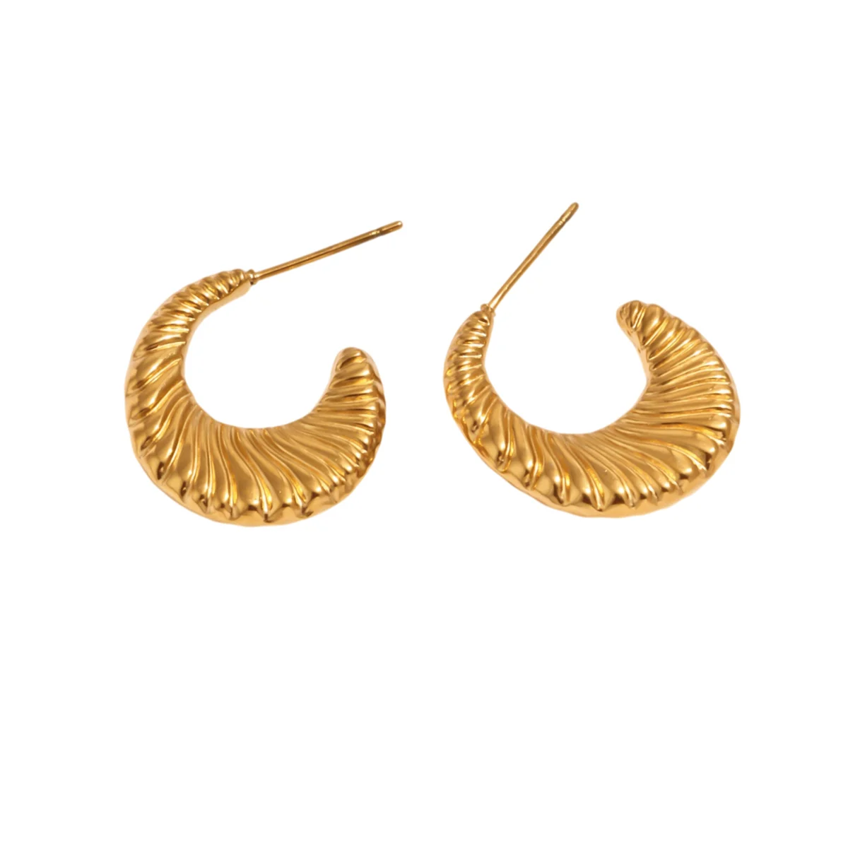Vintage Goldfarbene Edelstahl-Creolen, gehämmerte geometrische quadratische plissierte klobige Croissant-Ohrringe, Damenschmuck – Detail 19