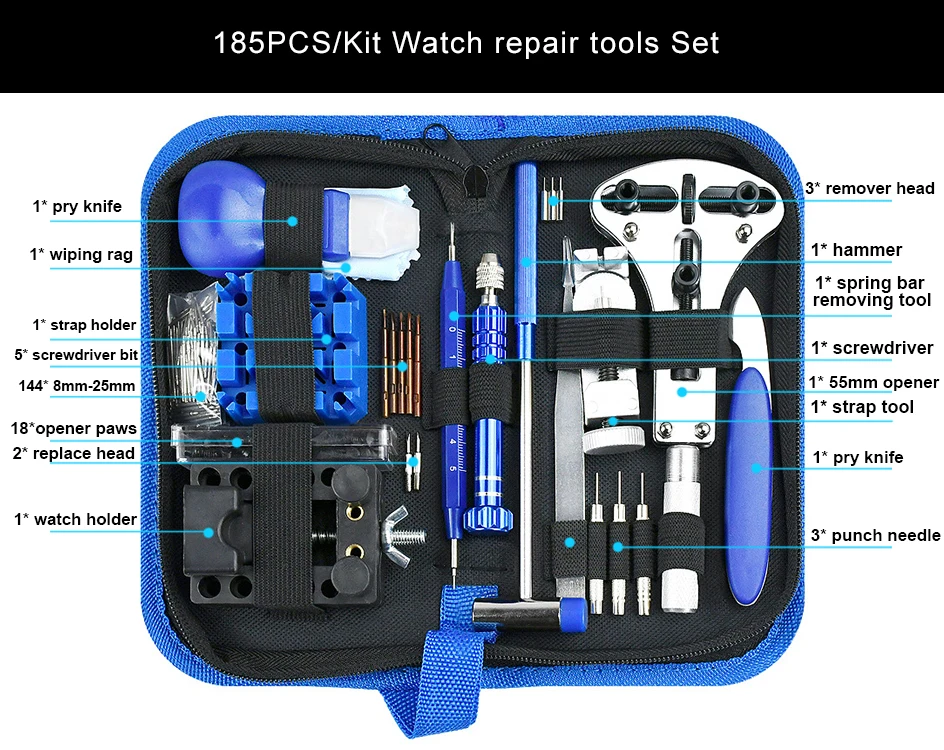 185 Pcs Watch Repair Kit Professional Battery Replacement Tool Watch Back Opener Link Removal Set Spring Bar Clock Strap Adjuste