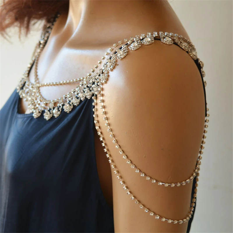 New Handmade Sewing Multilayer Trimming Bridal Crystal Clear Rhinestone Shoulder Chain for Wedding Dress Back Dance Clothes