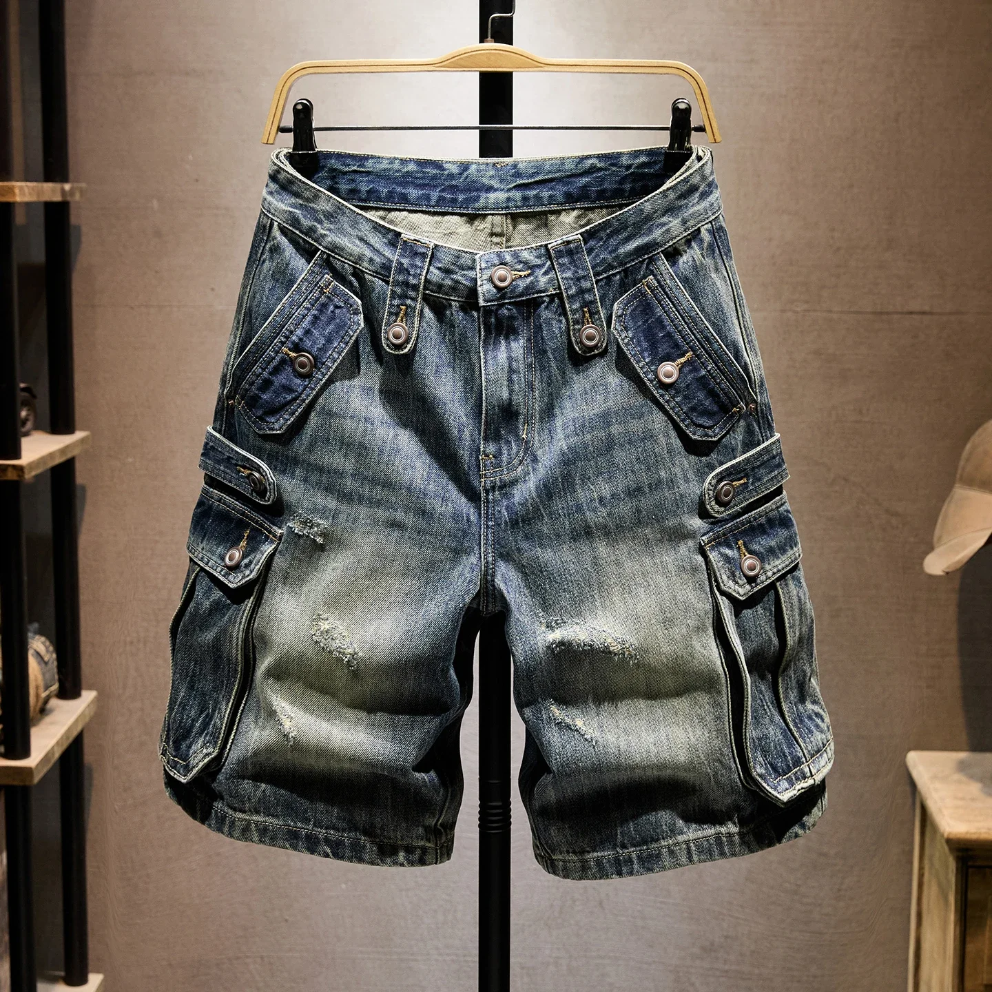 2026 summer brand multi-pocket button straight loose workwear denim shorts high quality classic retro men's casual jorts jeans