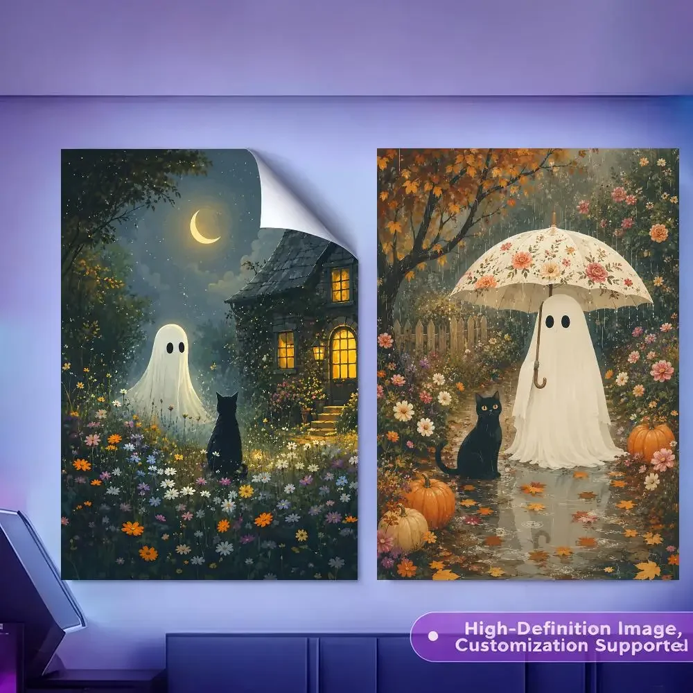 Cottagecore Ghost Black Cat Halloween Painting Calligraphy HD Canvas Poster Crease Free Waterproof All Space Wall Decor