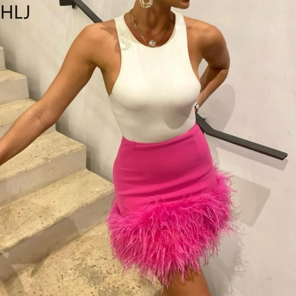 

HLJ Rose Fashion Feather Splicing Skinny Mini Skirts Women High Waist Slim Party Club Skirts Sexy Female Solid Matching Bottoms