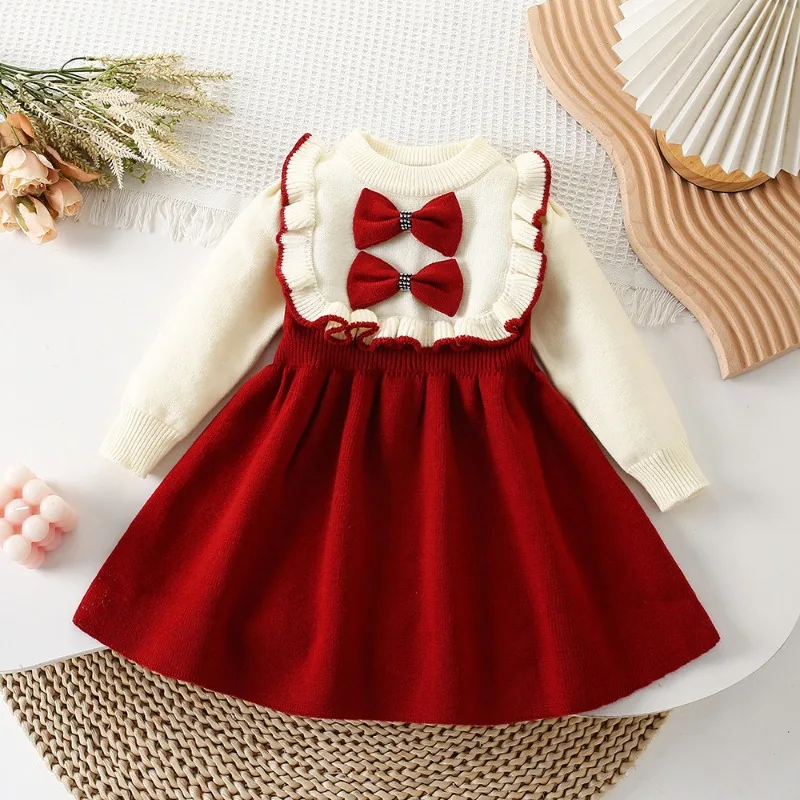 Girls Sweet Red Christmas Party Dress New Year Warm Sweater Dress Kids Clothing Long Sleeve Cute Flower Pink Knitted Dress