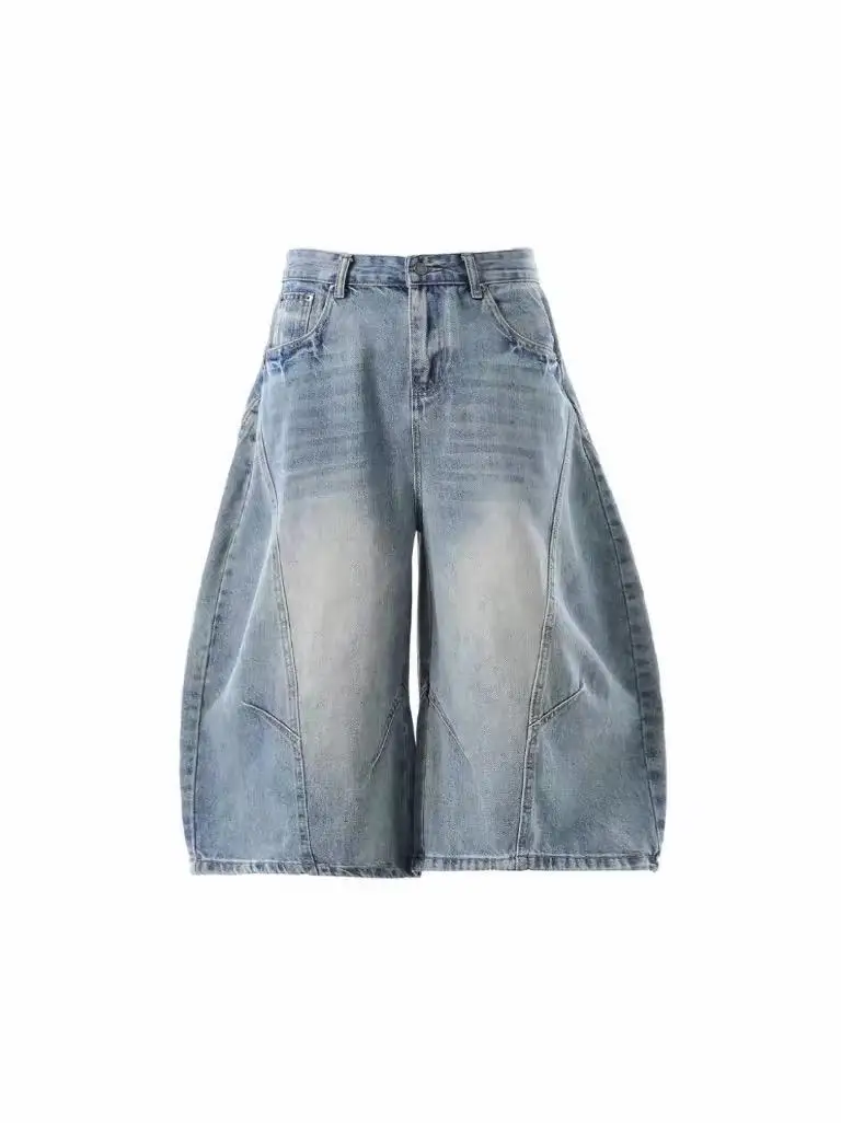 Men Women American High‑Street Vintage Washed Curved Denim Shorts, Loose Wide‑Leg Deconstructed 7‑Point Cropped Jeans