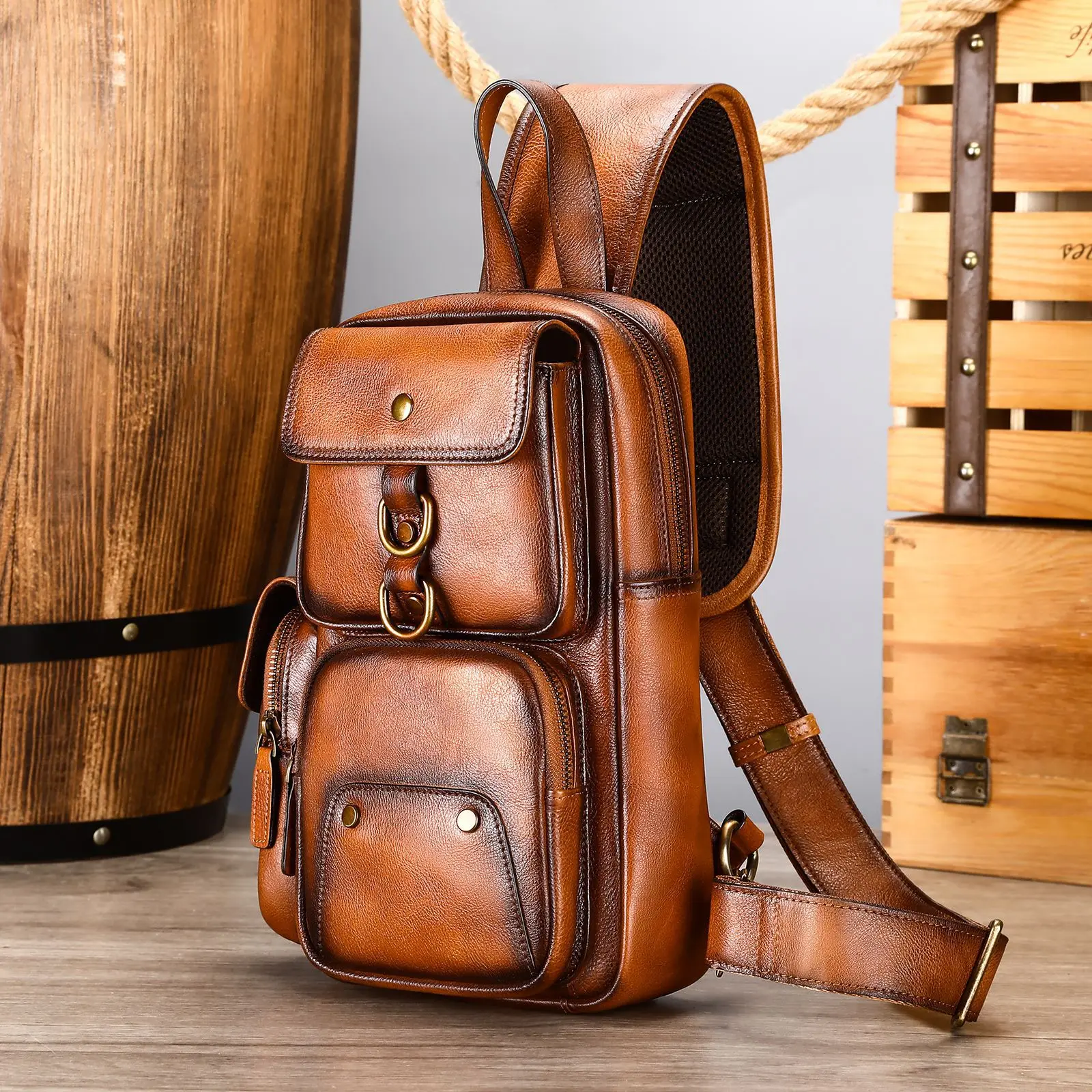 Handmade Vintage Men's Chest Bag with Genuine Leather and Cowhide