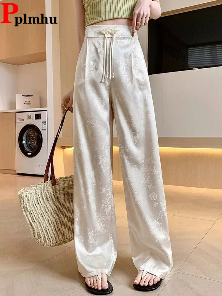 Women Satin Finish Loose Straight Pants Spring Fall Casual High Waist Pantalones 2024 Solid Streetwear Vintage Wide Leg Spodnie