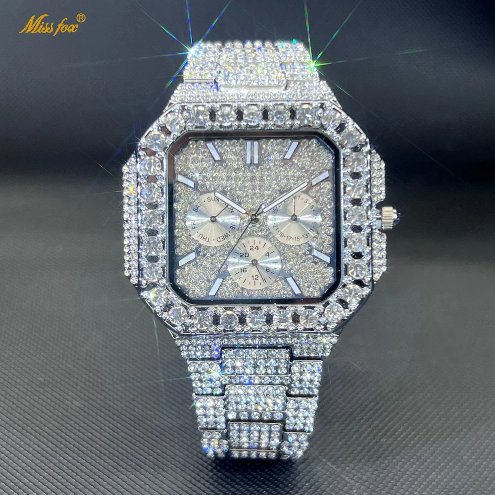 MISSFOX Men's Hip Hop Style Luxury Diamond Watch BlingBling Iced out Gold Square Fashion Waterproof Wristwatch