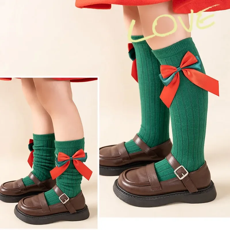 Christmas Kids Socks Green Red Bowknot Girl Knee High Long Sock Autumn Winter Children Christmas Socken Girl Clothing Accessorie