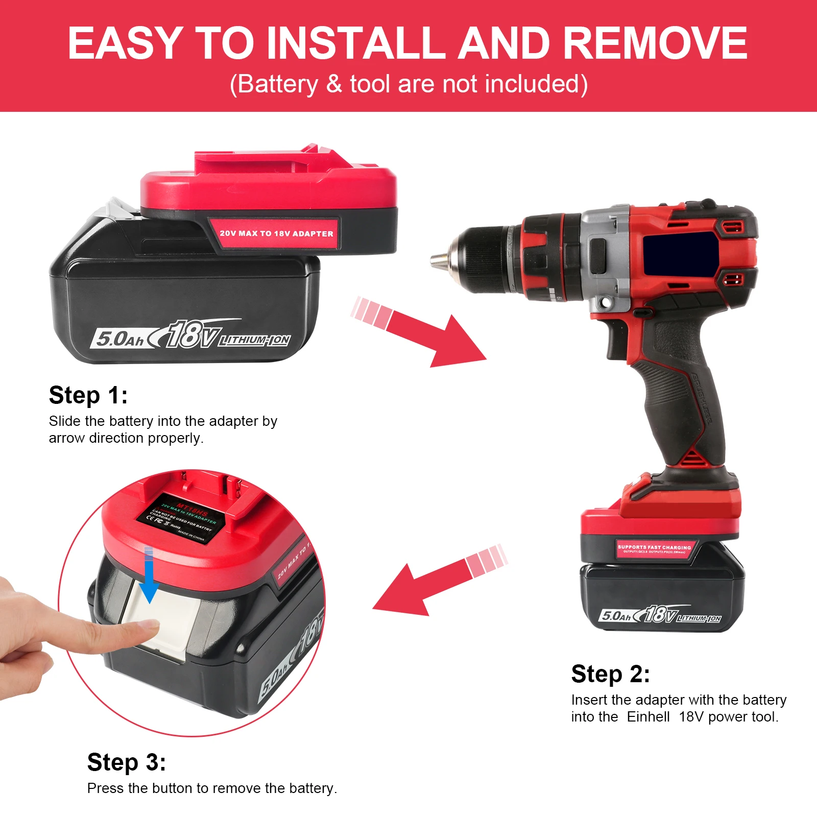 Adapter for Makita 18V battery to EINHELL 18V tool use PD 22.5W QC3.0 USB USBC port included