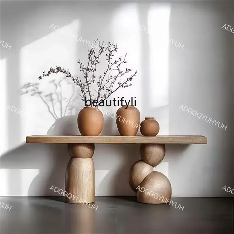 Medieval wabi-sandy wind solid wood porch table art design sense of home against the wall corridor against the wall decoration