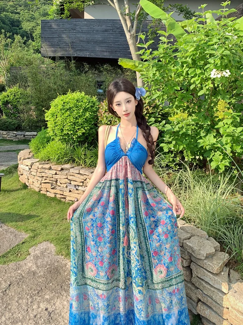 กระโปรงทรงเอเอวสูงลายดอกไม้สไตล์วินเทจ ผ้าพิมพ์ลาย เหมาะสำหรับการเดินทาง มีสายคล้องไหล่