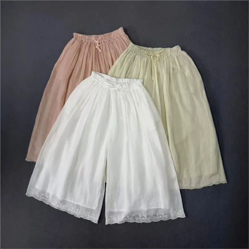 Johnature New Loose Versatile Embroidered Ramie Wide Leg Elastic Waist Cropped Pants For Women