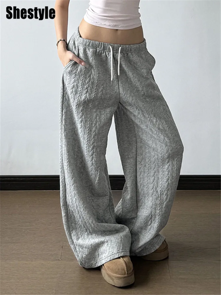 Shestyle Gray Sweatpants Autumn for Women Streetwear Drawstring Texture Staight Casual Loose Minimalist Wide Leg Trousers 2025