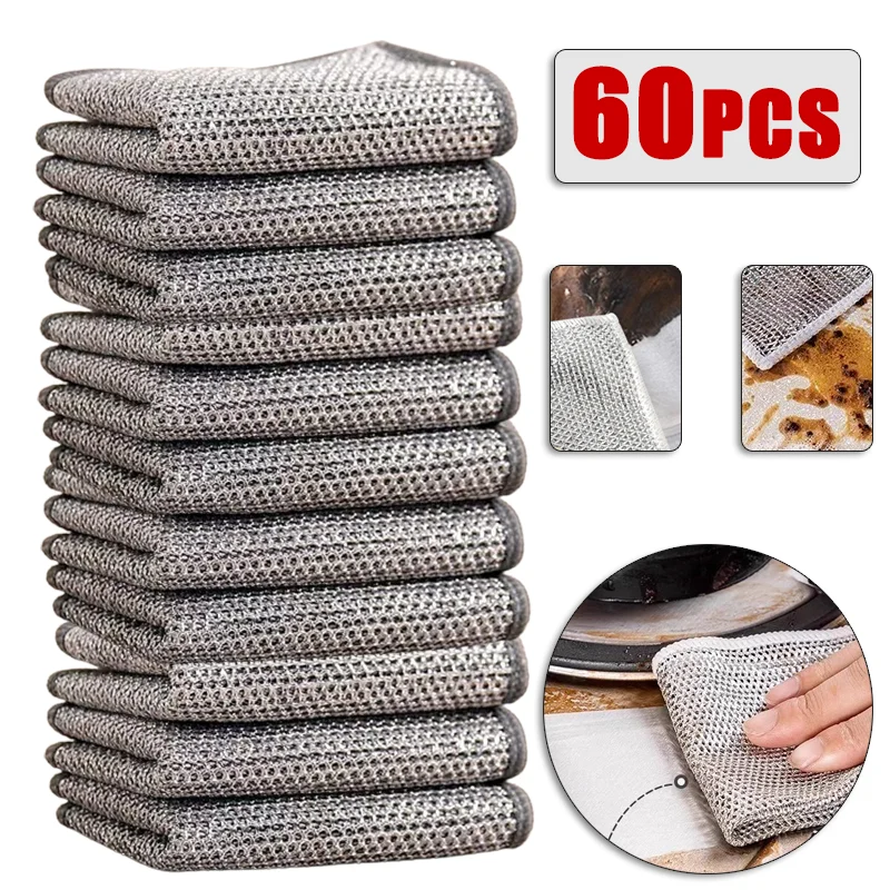 1-60PCS Steel Wire Wipes Mesh Non-Stick Silver Wire Wipes Dish Wipes Pots & Pans Cleaning Cloths Cleaning Cloth  Kitchen Towels