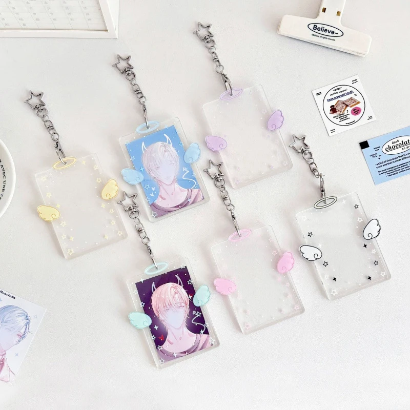 Angel Star Wings Card Set, Chasing Star Love Bean Small Card Storage and Protection Set,3-inch Polaroid Acrylic Card Set Pendan