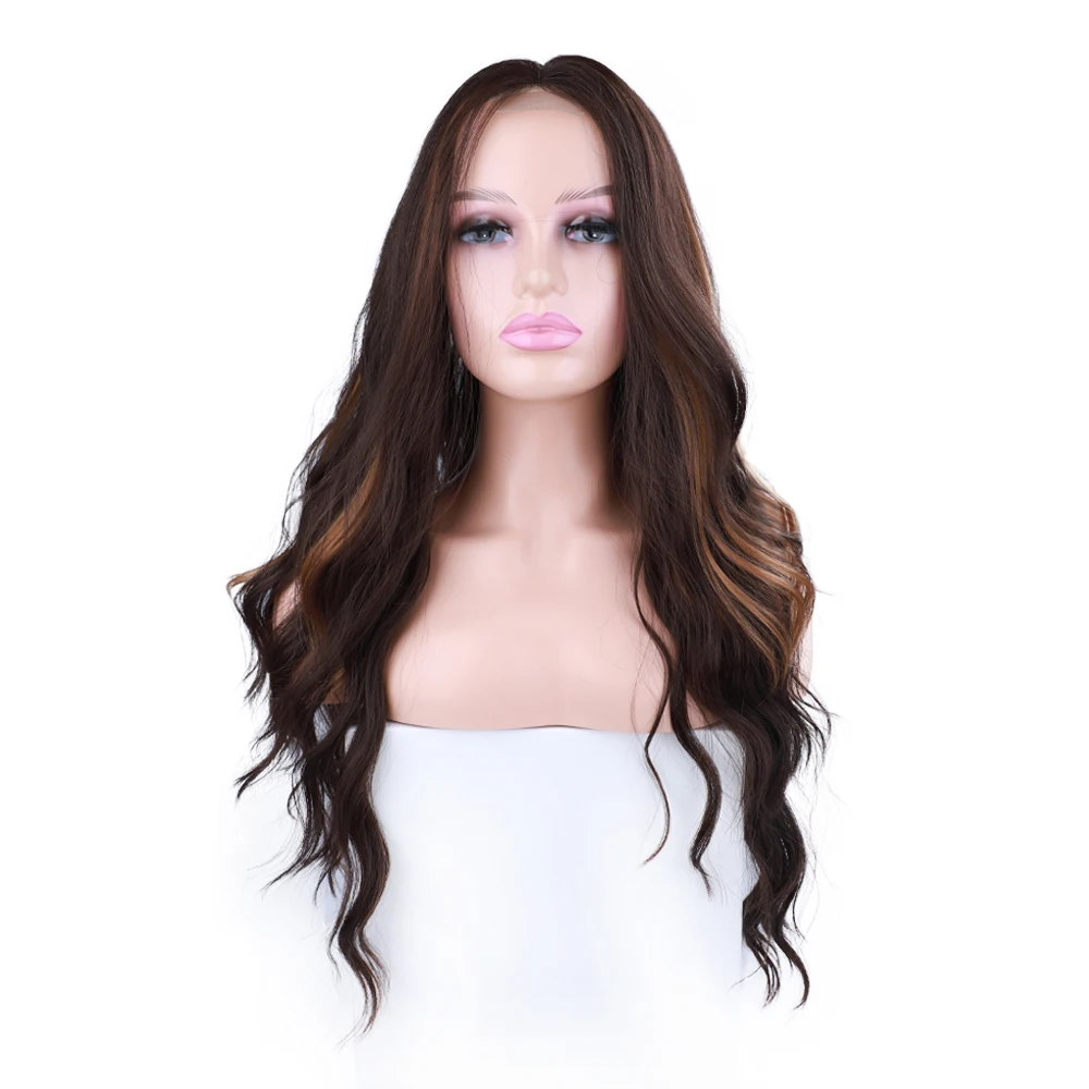 Synthetic Long Wavy Highlight Wigs With Vivid Hair Parting Mixed Chocolate Brown Blonde Hair Wigs for Black Women Heat Resistant