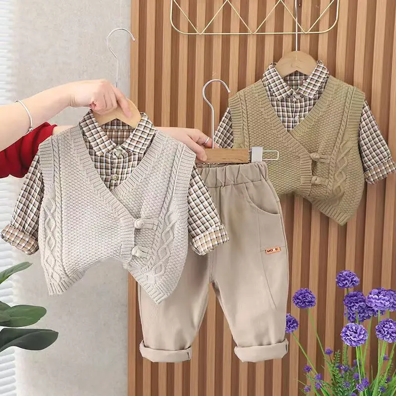 2023 New Spring Autumn Kids Fashion Korean Checkered Knitted V-neck Sweater Tank Shirt Pants Three Piece Set for Boys And Girls