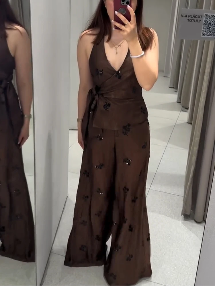 Women Lace Up Waistband Sleeveless Top Suit Floral Sequin V-neck Tops And Wide Leg Pants Two-piece Set Summer Hoilday Outfits