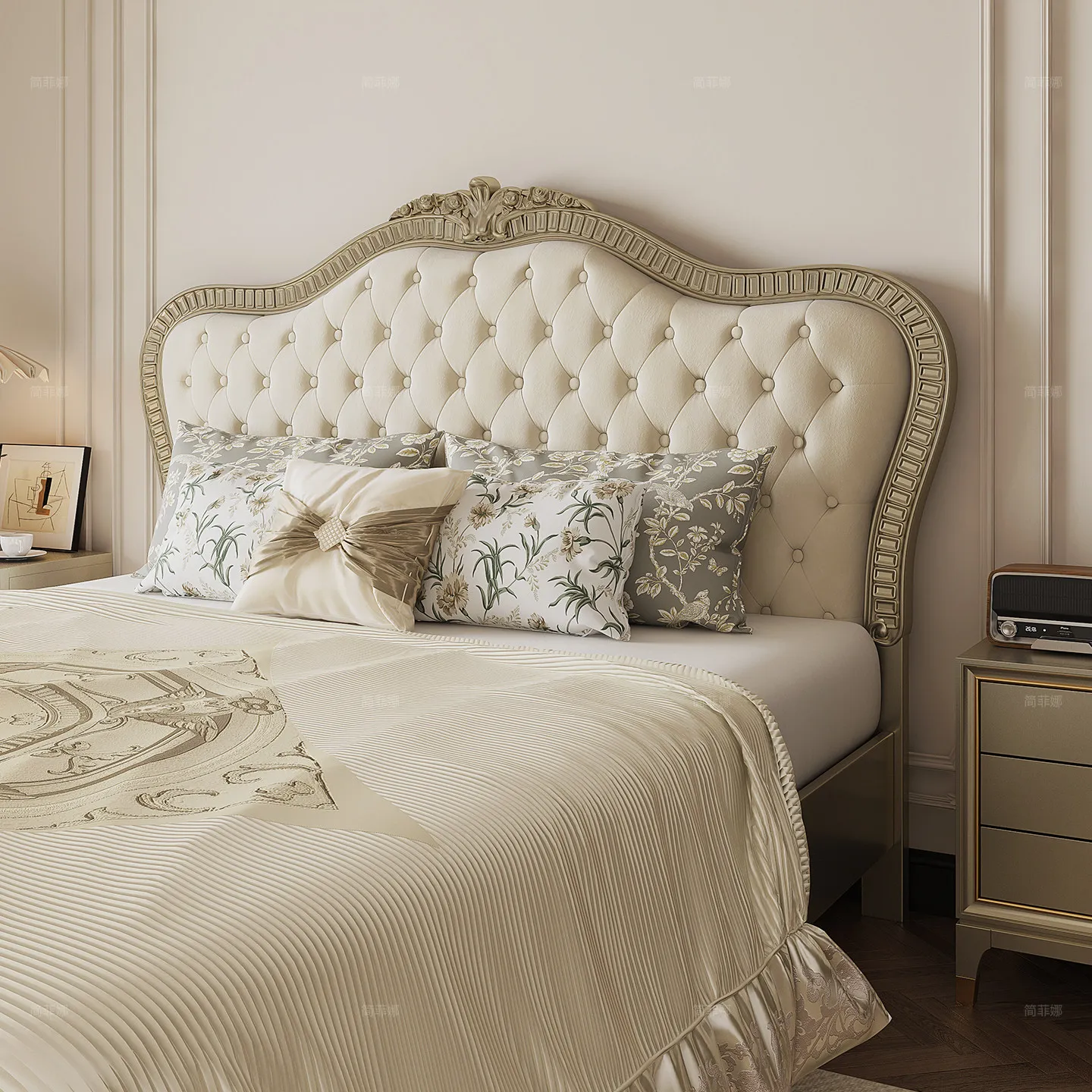 Bed Superior light luxury modern master bedroom fabric bed flannel cream wind double bed