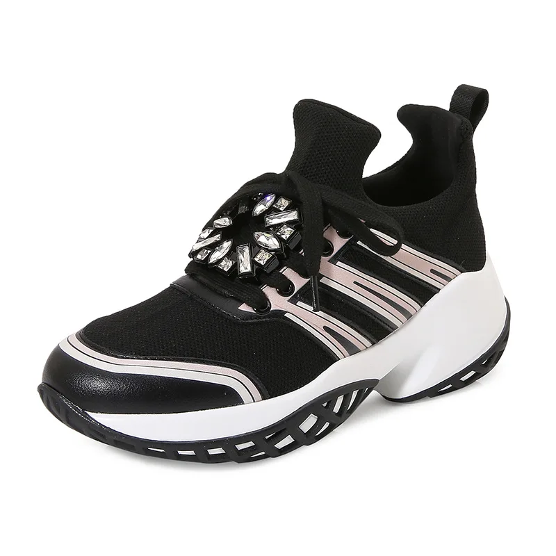 

Spring25 Women's Casual Tennis Shoes Elastic Fabric round Toe Thick Heel Heightening Color Block Design Spring Season New Arriva