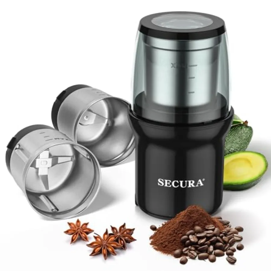 Electric Coffee Grinder Press Control Spice Grinder for Coffee Bean Seeds Herbs with 2 Stainless Steel Blades Removable Bowls B