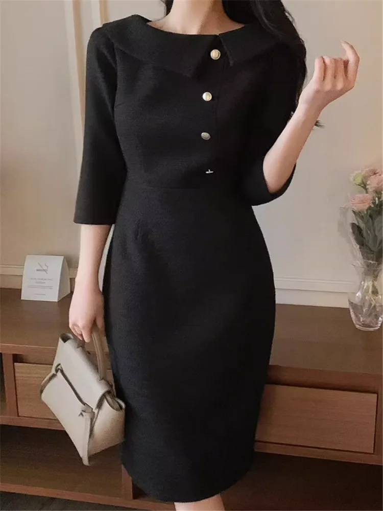 ブラックピンク エレガント レディース 七分袖 スリム ストレート ミディ丈ワンピース 秋新作 セレブ風 ドールカラー ボディコン ワークドレス