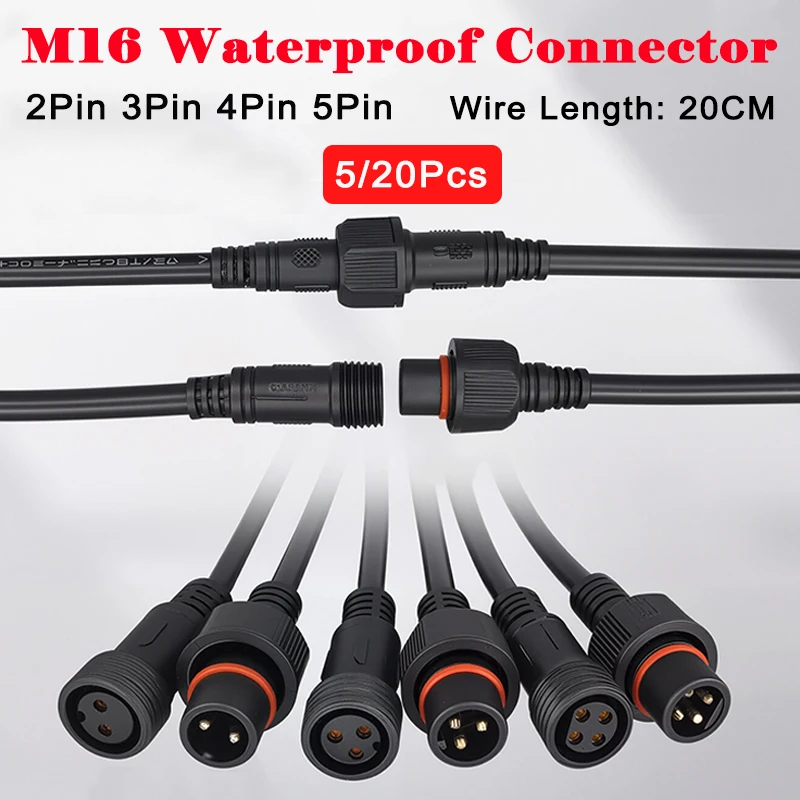 5/20Pcs Male to Female 2pin 3pin 4pin 5pin Waterproof IP68 BLACK Cable LED Connector for Outdoor LED Strip Lighting 20CM OD 6mm