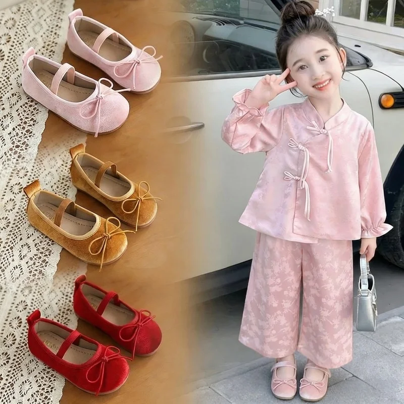 

Elegant Children Princess Shoes Wedding Party Little Girls Ballet Flat Shoes with Bow Daily Casual Wear Suede Kids Leather Shoes
