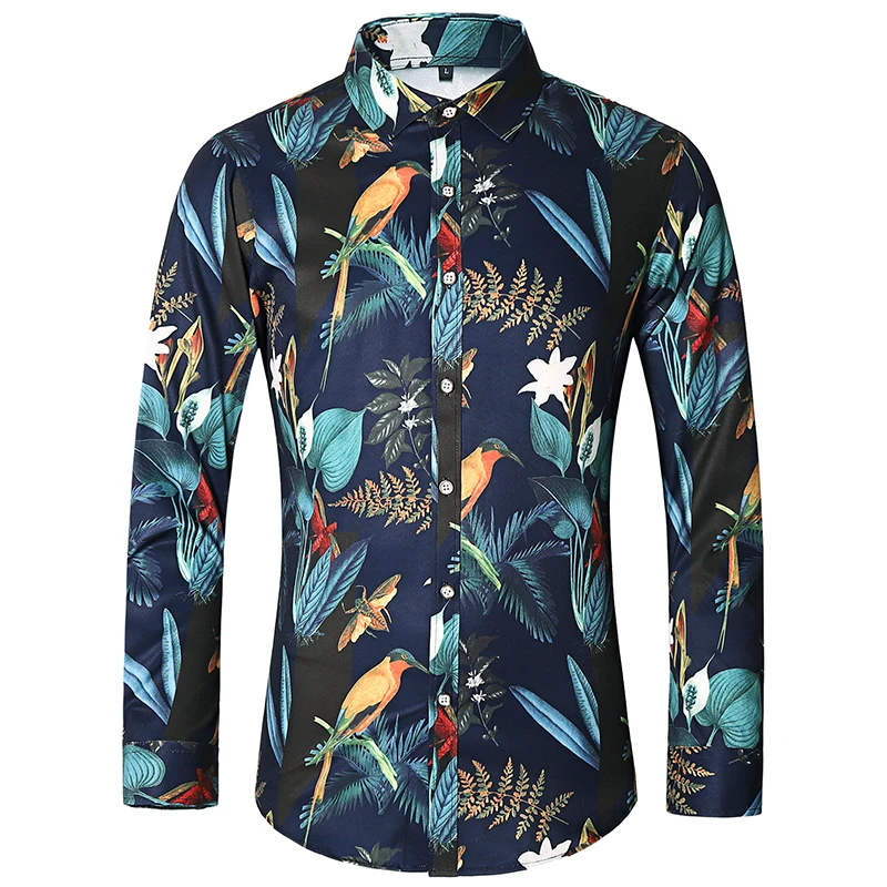 

Новая осенняя мужская белая рубашка с принтом, маленькие эластичные рубашки с лацканами на одной пуговице и длинными рукавами с цветочным принтом, азиатские размеры M-7XL.