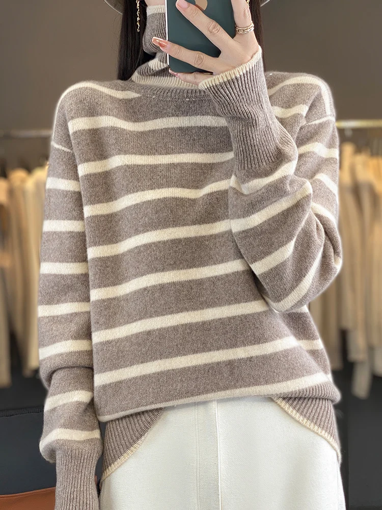 

Женская теплая водолазка в полоску из 100% мериносовой шерсти с напуском, осень-зима, с длинными рукавами, повседневный толстый повседневный свитер, мягкие топы
