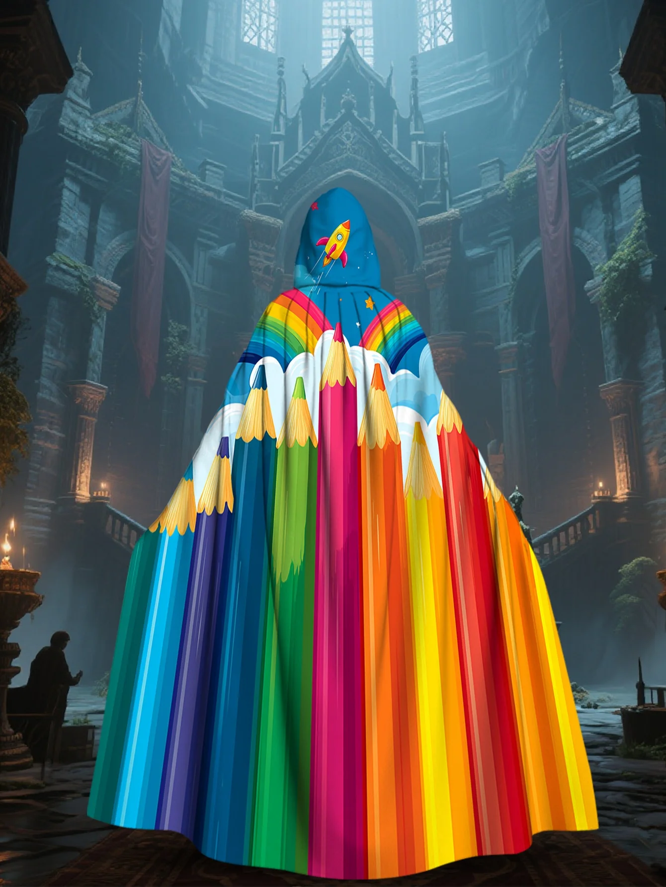 Customization 1pc 2D Flat Printing Unique Style Hooded Cape Colorful Pencils Rainbow Sky 100% Polyester Music Festival Use For I