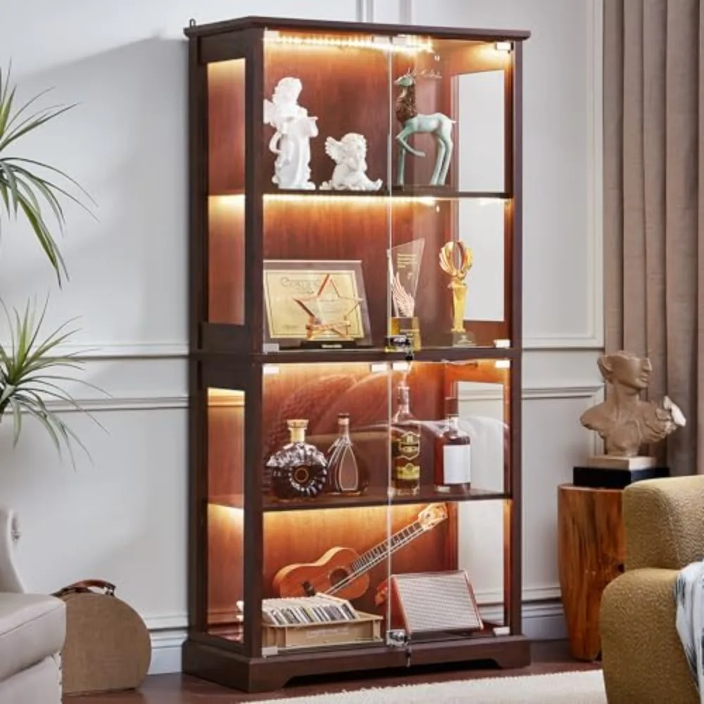 Farmhouse Glass Display Cabinet with Lock, Walnut | Wooden Curio Cabinets with Glass Doors, 3-Color Motion-Sensor Light