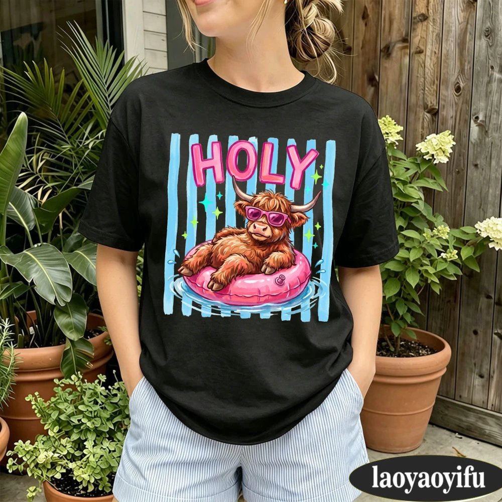 Fashion Summer Colorful Highland Cow Pool Float Holy Cartoon Graphic Women T-shirt Casual Y2K Cotton Short Sleeve Women Clothing