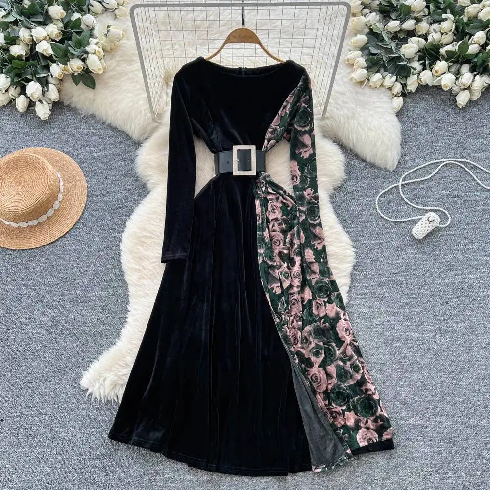 Sexy long sleeve print Spliced velour split Dress vintage Elegant Women Party basics korean fashion dresses