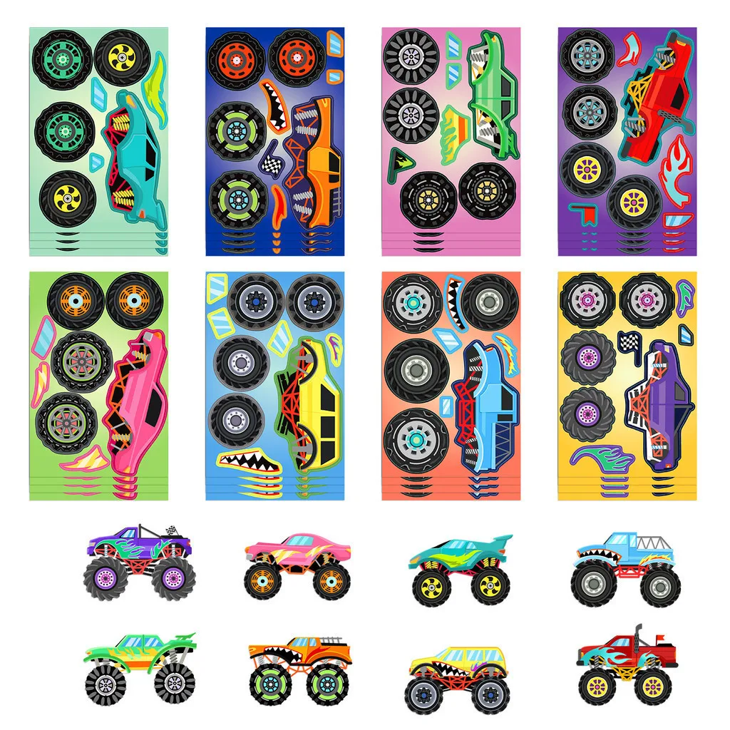 8Sheets Original Cartoon Monster Trucks Waterproof Graffiti Stickers for Helmet Bicycle Hand Account Pencil Case Decals image 2
