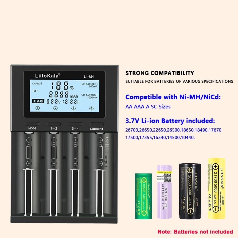 LiitoKala Lii-M4 18650 Charger LCD Display Universal Smart Charger Test Capacity 26650 18650 21700 AA AAA Battery 4slot 5V 2A