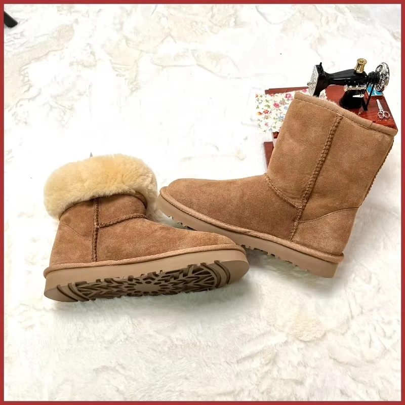 2026 women's fur integrated snow boots, high-quality sheepskin and wool chestnut winter boots, cold resistant and warm shoes