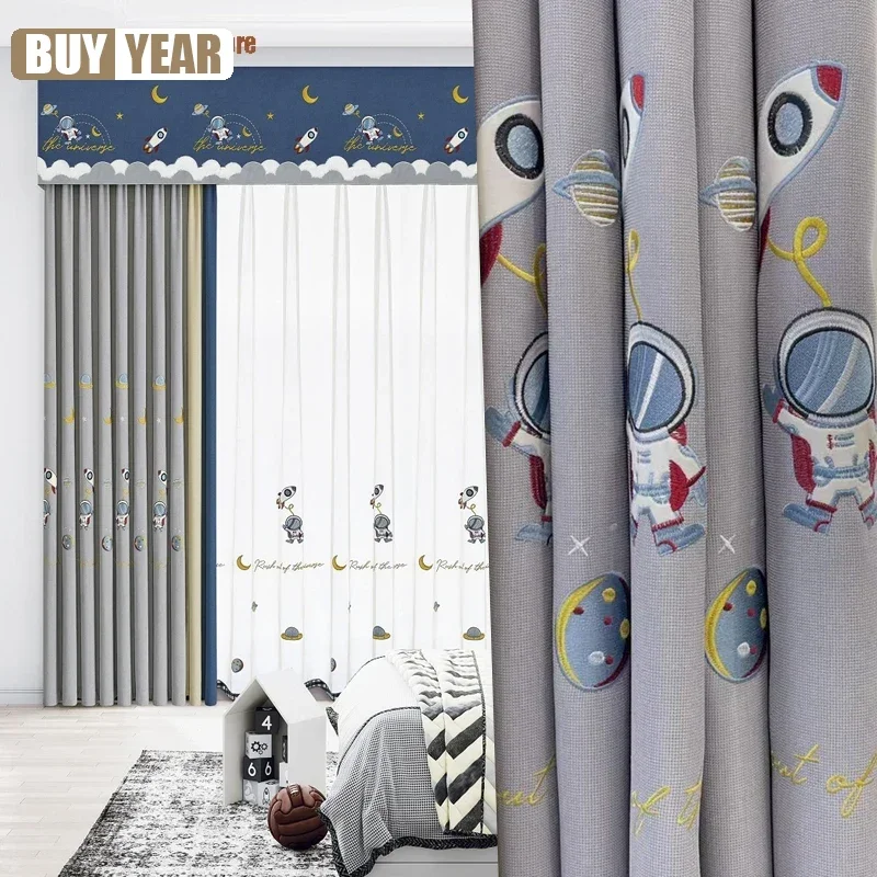 

Children's Room Astronaut Spaceship Embroidered Grey Blue Curtains For Living Room Cartoon Planet Window Blackout Tulle Custom