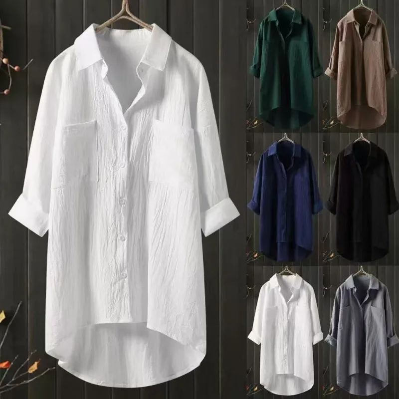 Womens Solid Linen Shirt Loose Fit Double Pocket Long Tunic Breathable Lightweight for Beach Office Daily