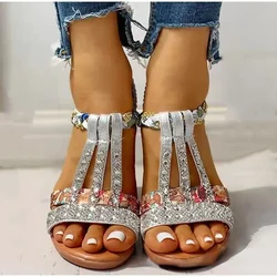 Women Wedge Sandals Summer  Bohemia Casual High Heels Sandals Fashion Female Peep Toe Rhinestones Outdoor Beach Shoes 2025