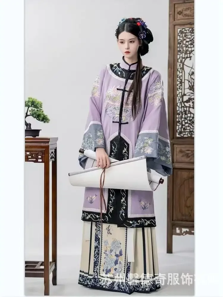 Retro Heavy Industry Antique Clothes Women Qing Dynasty Flower Loose Long Sleeve Embroidery Cheongsam Dress Qipao Cospaly