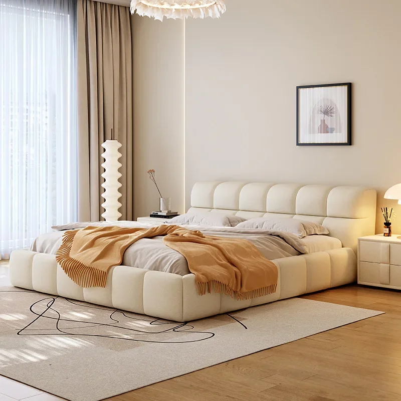 Modern Simple Cream Cloth Bed with High Box Storage Italian Master Bedroom Soft Bag Puff Bed Double Bed with Wooden Frame
