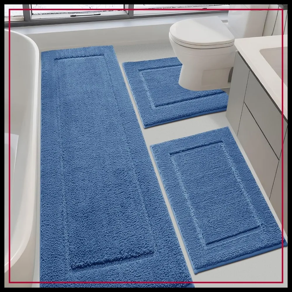 

Ultra Soft Thick Plush Bath Mats Set 3 Piece, Microfiber Absorbent, Non-Slip Backing, Machine Washable for Bathroom Floor, Blue