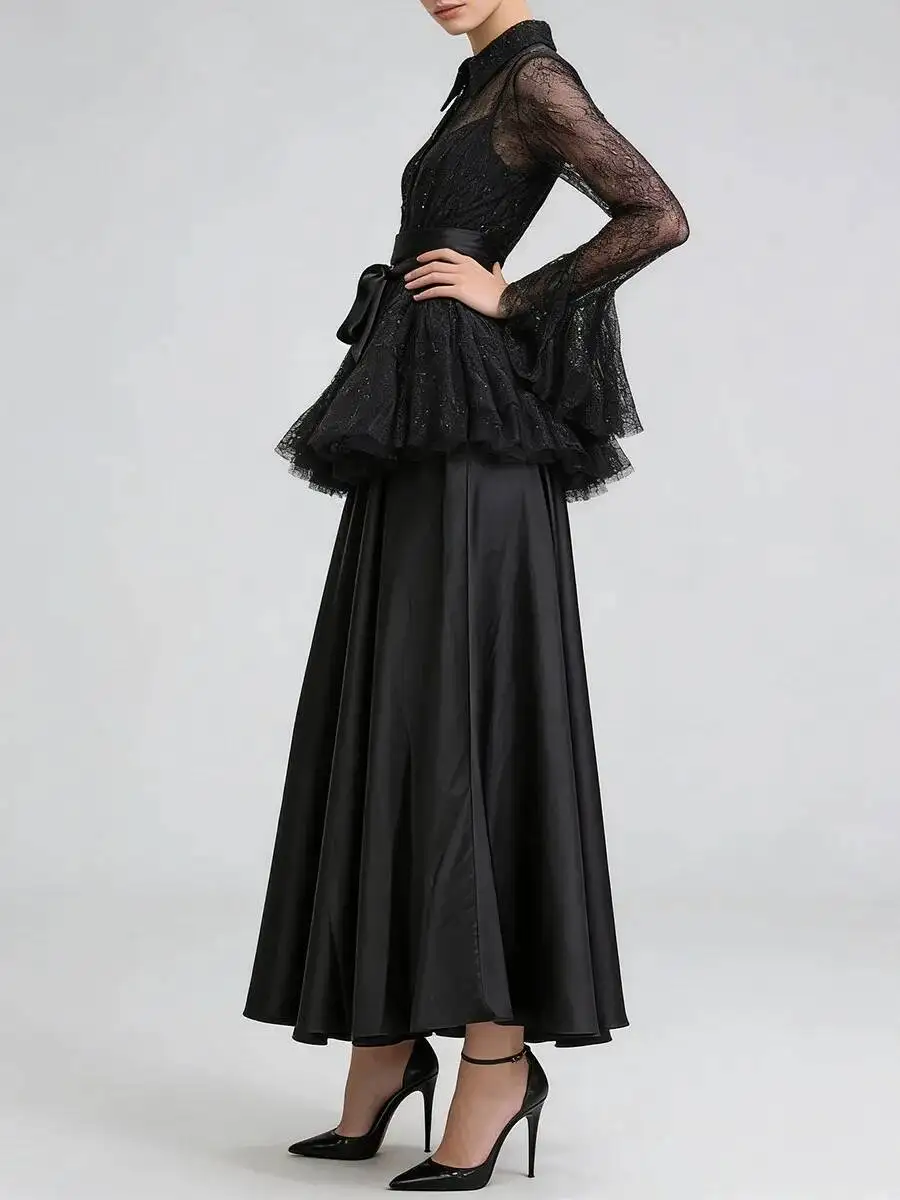 BJTZ Dames 2026 Nieuwe Elegante Temperament Kant Satijn Set Elegante Pure Ruche Blouse + Rok Lente Herfst Luxe Coord