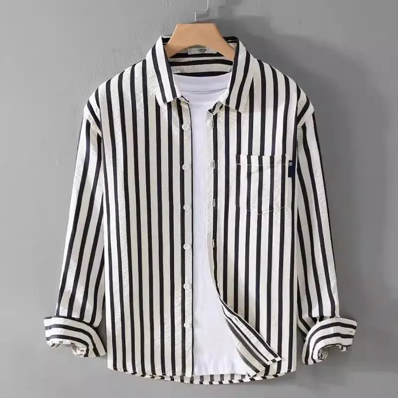 Casual Striped Long Sleeve Shirt Men's Slim Fit Lightweight Business Jacket Spring Autumn Season Polyester Fiber Youth Fashion