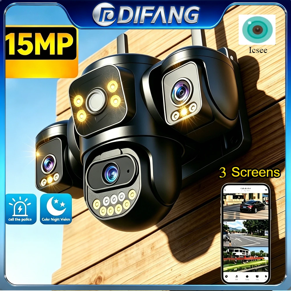 15MP WiFi Security Camera 3-Lens WiFi IP Camera 3 Screen Waterproof CCTV Cam 2-Way Audio External CCTV IP Cam iCsee Alexa