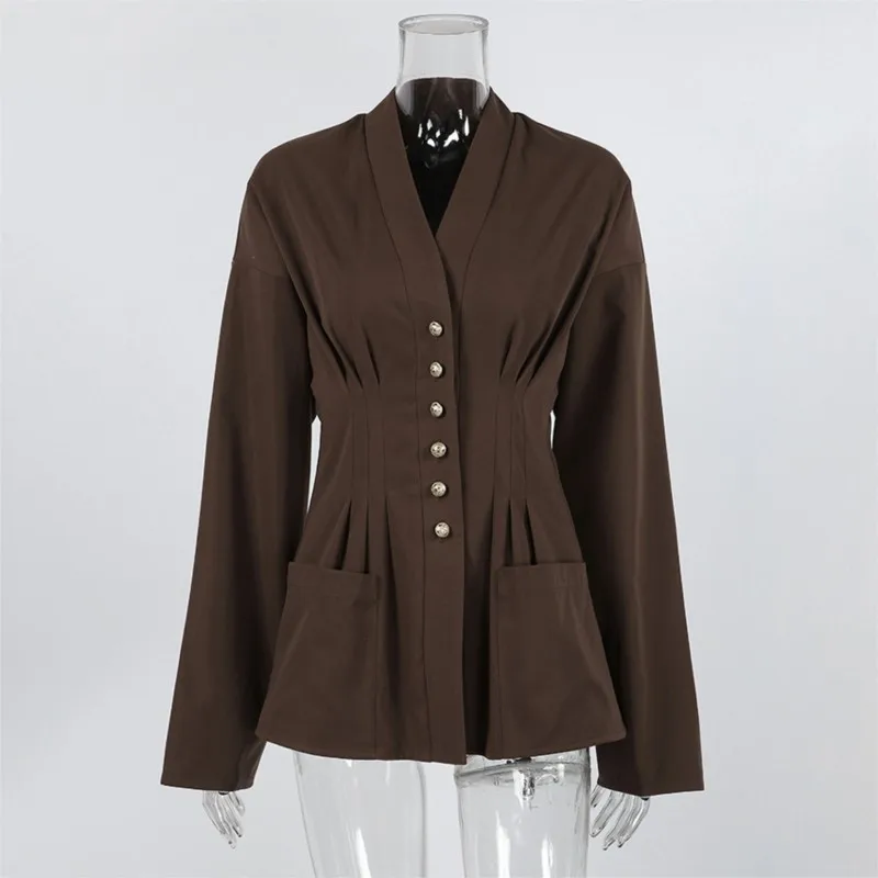 Primavera e outono novo temperamento commuter camisa feminina retro marrom escuro cardigan moda mangas compridas plissado camisa fina topo